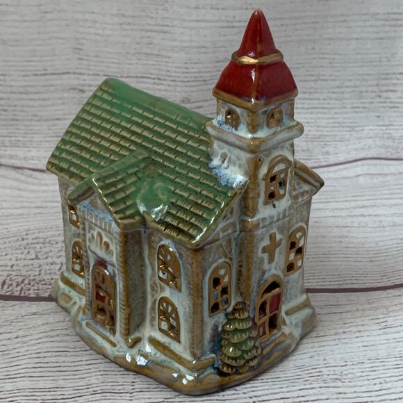 Vintage Ceramic Mini Christmas Church Cutout Detail Small Village 5 1/8"H - Picture 1 of 12
